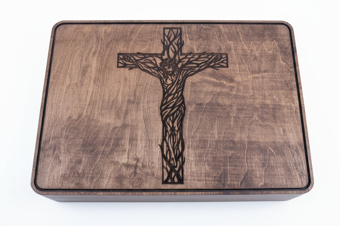 Jesus on Cross shown in Red Mahogany