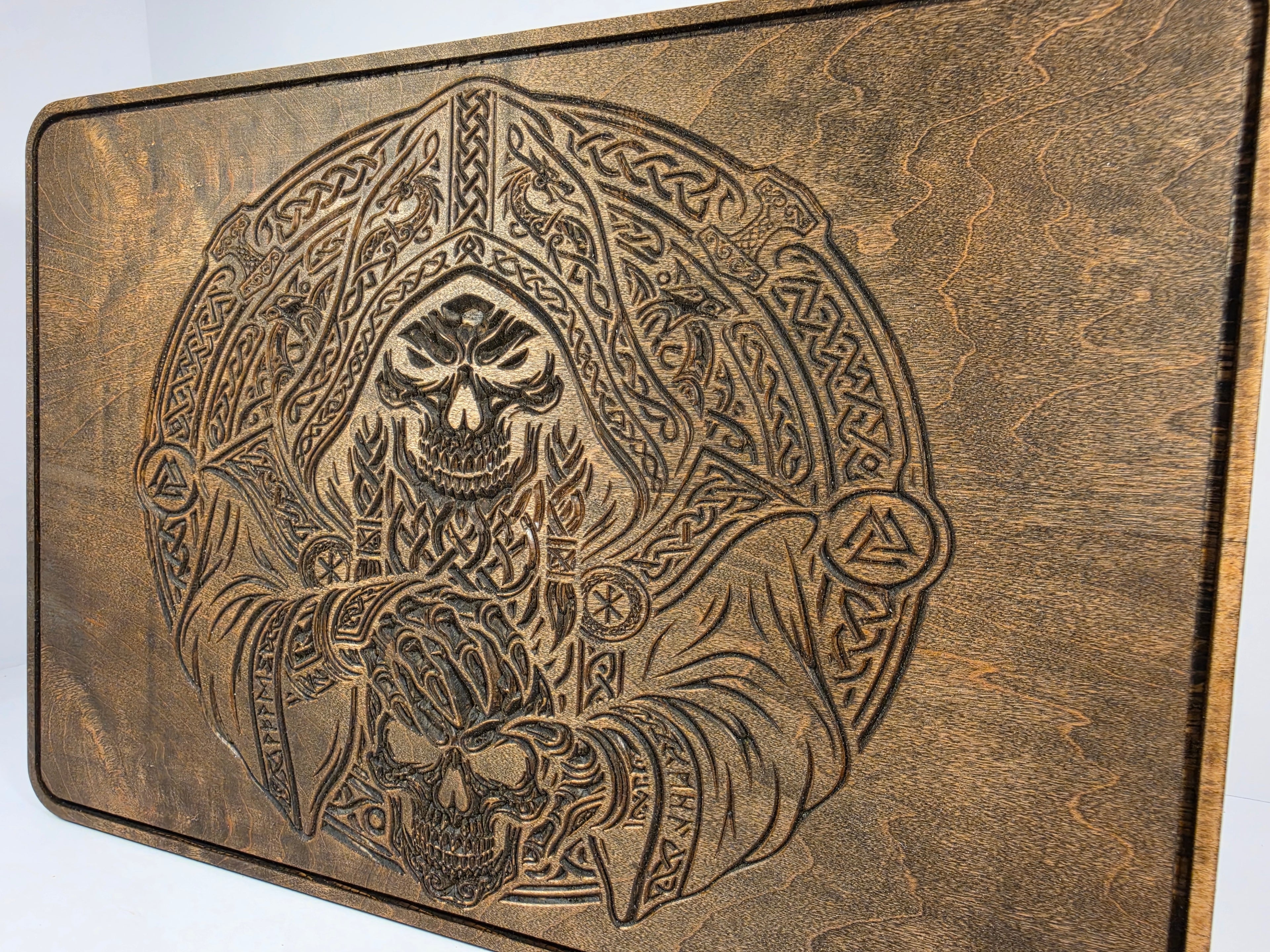 Viking Grim Reaper Shown in Dark Walnut