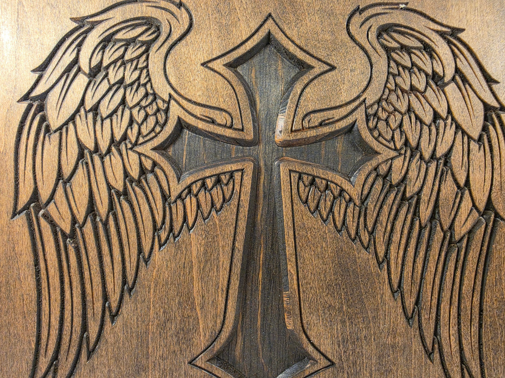 Cross design with wings shown in Dark Walnut