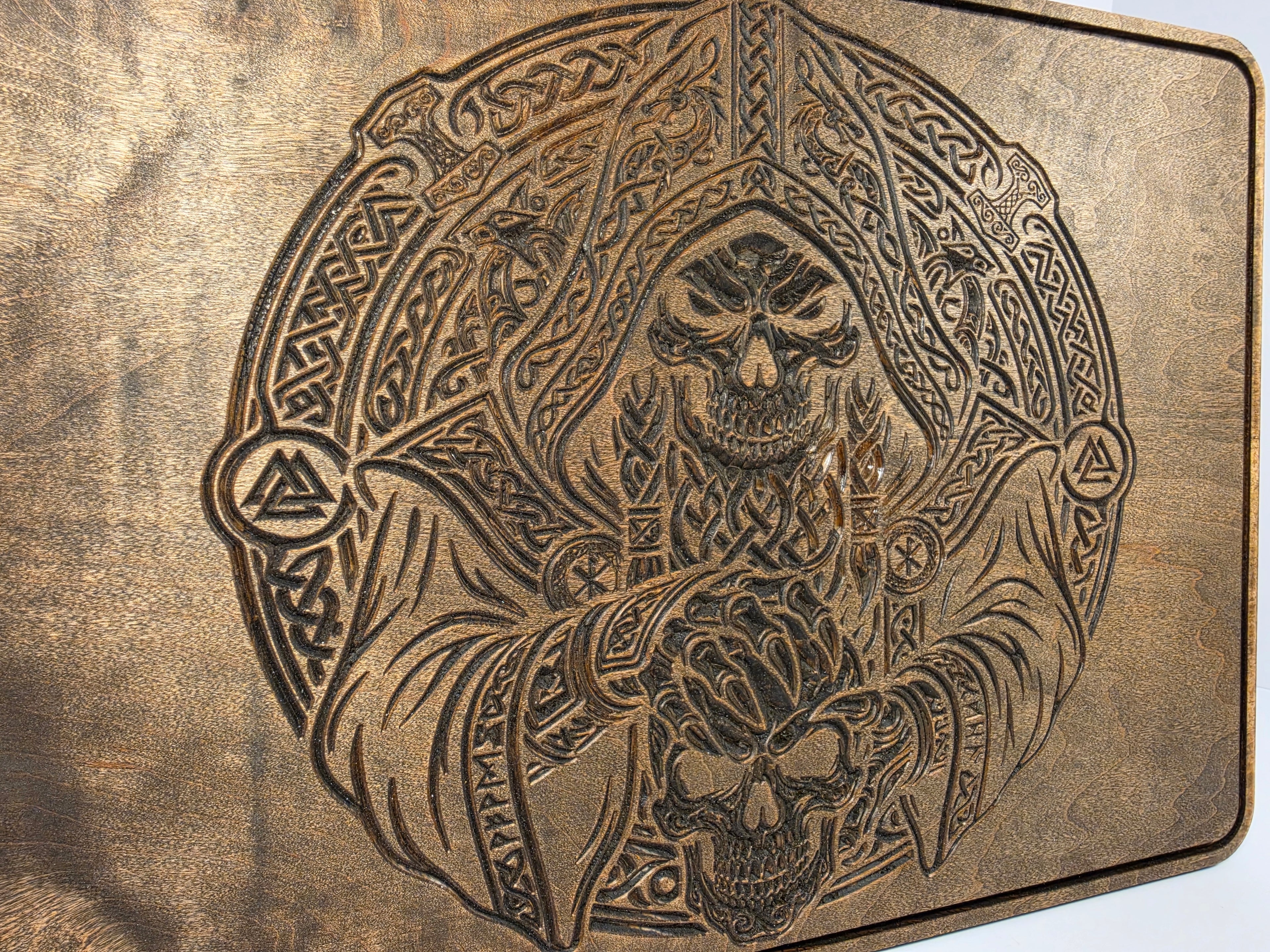 Viking Grim Reaper Shown in Dark Walnut
