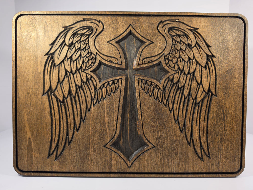 Cross design with wings shown in Dark Walnut